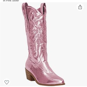 MissHeel Mid Calf Cowgirl Cowboy Boots Embroidered Block Chunky Heel in Pink